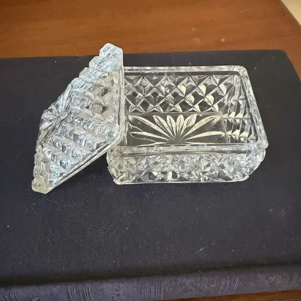 Vintage Cut Crystal Jewelry Trinket Box with Diamond Pattern